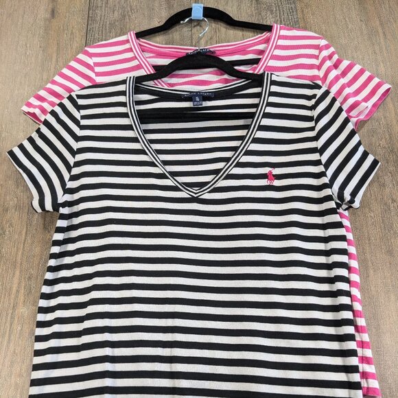 Ralph Lauren T Shirt Top LOT of 2 Womens XL Black Pink Striped V Neck Short Slv - Picture 1 of 9